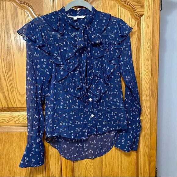 Veronica Beard Finley Silk Ruffle Tie Neck Blouse Dark Blue Floral Women’s Sz 0 - Picture 8 of 16